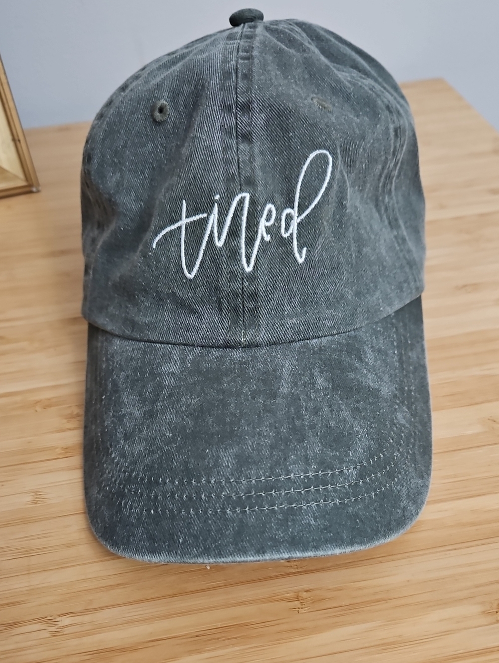 "Tired" Script Embroidered Baseball Cap - Charcoal Gray